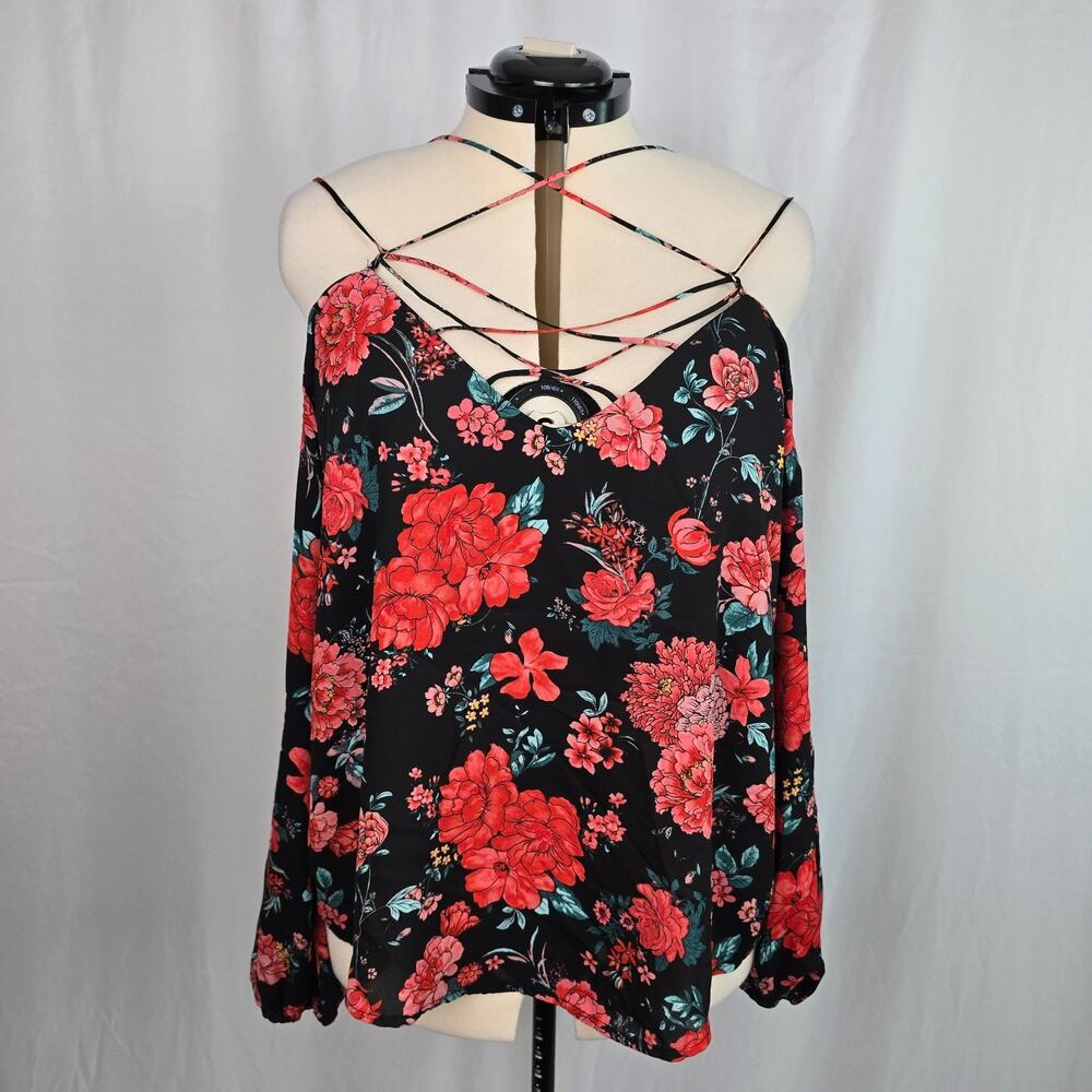 Forever 21 Blouse Women's 3X Black w/ Red Pink Floral Cold Shoulder